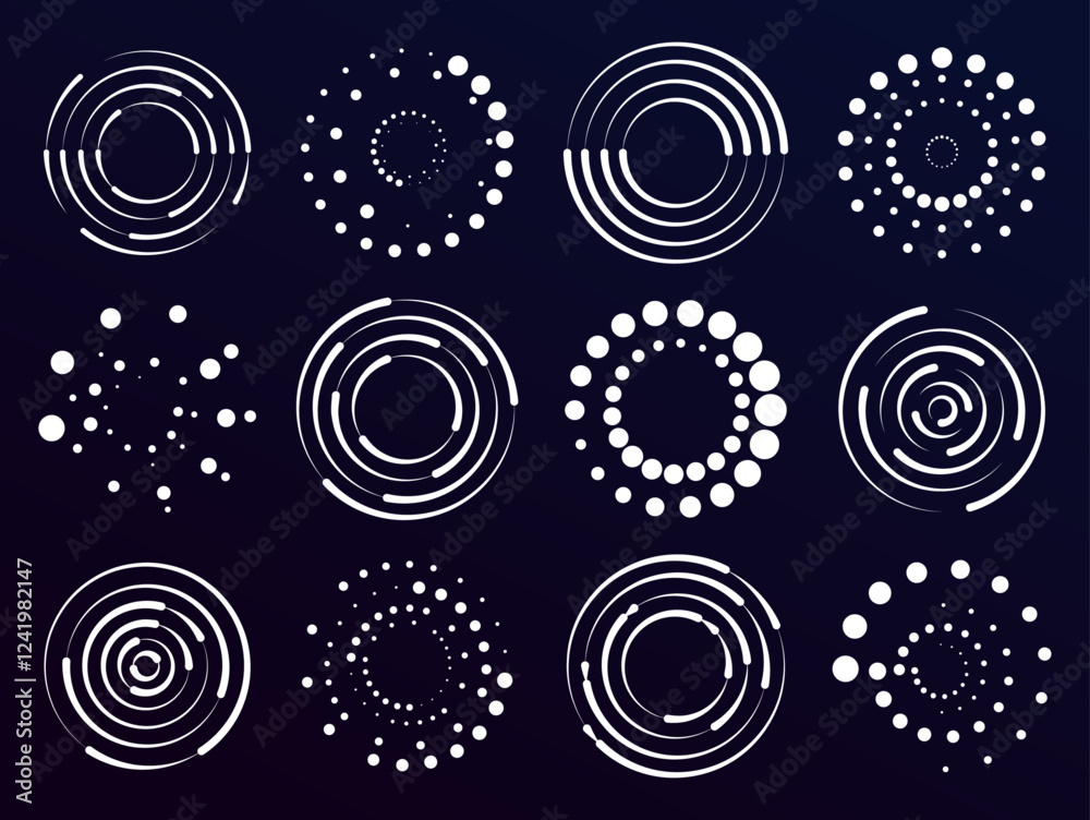 Fototapete Set of swirl abstract ripple elements. Abstract round halftone frames, rotating dotted circles on black background. Dot circle pattern. Orange round halftone dot patterns. Spiral halftones frame. PNG	