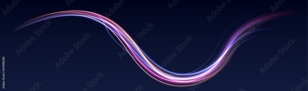 Poster Neon color glowing lines background, high-speed light trails effect. Modern abstract high-speed light motion effect on black background. Light motion effect, slow shutter of traffic.	