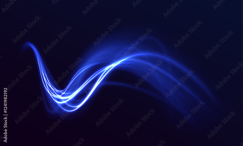 Aufkleber Abstract image of speed motion on the road. Dark blue abstract background with ultraviolet neon glow, blurry light lines, waves. Expressway, car headlight effect.	

