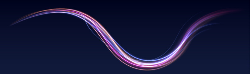 Neon color glowing lines background, high-speed light trails effect. Modern abstract high-speed light motion effect on black background. Light motion effect, slow shutter of traffic.	