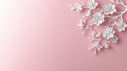 Gift card with intricate floral embossing, delicate white petals scattered gracefully, set against a calming pink-to-white gradient background