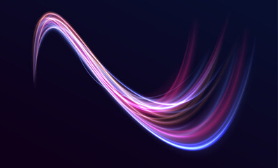 Vector dark blue abstract background with ultraviolet neon glow, blurry light lines, waves. Light trails on road at night. Abstract futuristic neon background with glowing ascending lines.	