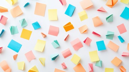 Obraz premium Multicolored sticky notes folded into tiny shapes like origami, scattered elegantly across a minimalistic white surface for creative flat-lay imagery
