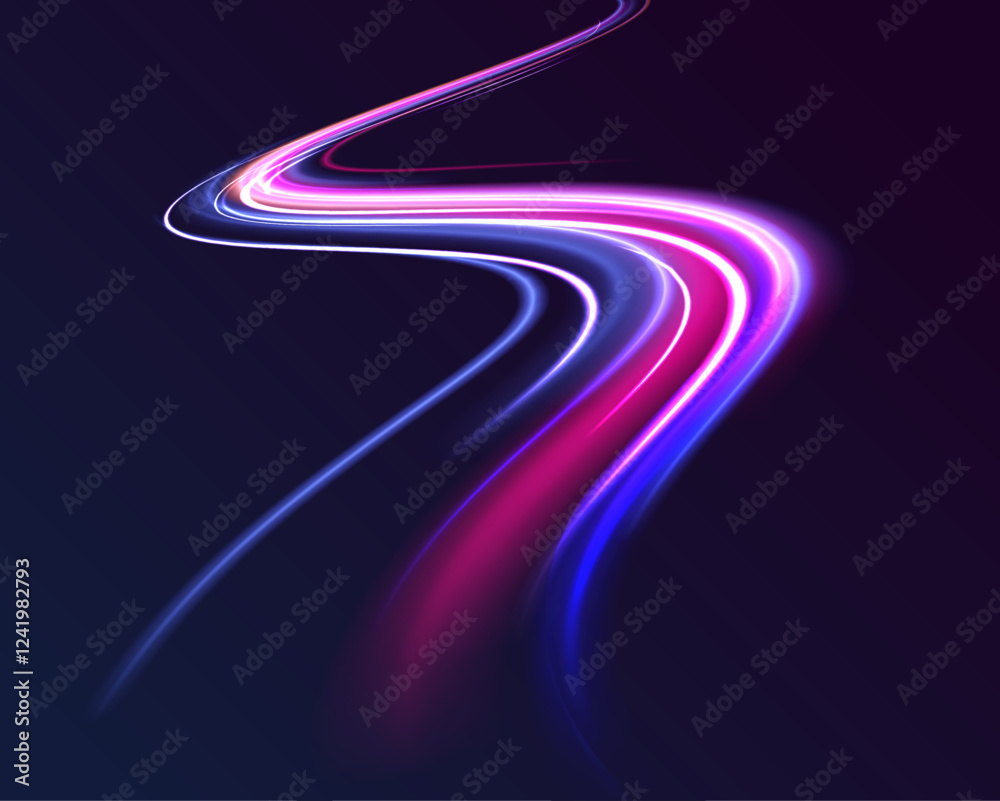 Poster Neon color glowing lines background, high-speed light trails effect. Modern abstract high-speed light motion effect on black background. Light motion effect, slow shutter of traffic.	
