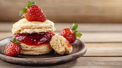 Golden-brown scone split open, layers filled with glossy strawberry jam and creamy clotted cream, served on a rustic wooden table, food photography concept