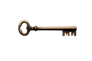 A vintage brass key, intricately detailed, resting on a smooth white background. Transparent background


