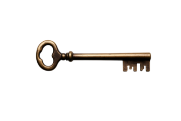 A vintage brass key, intricately detailed, resting on a smooth white background. Transparent background


