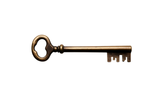 A vintage brass key, intricately detailed, resting on a smooth white background. Transparent background


