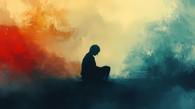 A solitary figure sits in vast, abstract space, evoking feelings of introspection and solitude. contrasting colors create sense of emotional depth. Emotional Contrast. Illustration