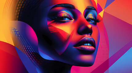 A striking abstract portrait of a woman's face is filled with vibrant colors and geometric shapes, reflecting a bold artistic expression and creativity. Emotional Contrast. Illustration