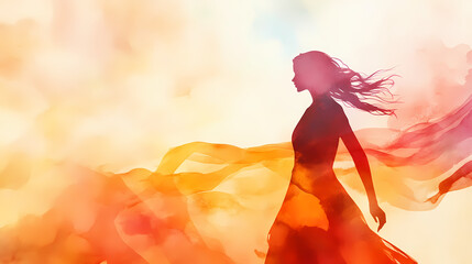 A stylish silhouette of a woman is illustrated in watercolor embodying elegance and grace against a soft flowing backdrop evoking emotional depth and artistic flair. Emotional Contrast. Illustration
