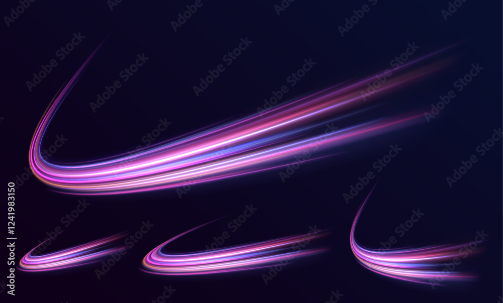 Poster set of bright neon speed lines. high speed effect motion blur night lights in blue and red colors, a