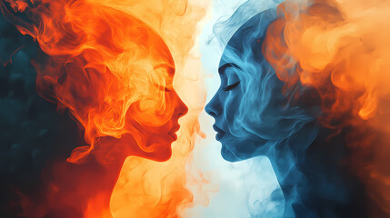 Abstract digital illustration of two opposing human profiles in fiery orange and cool blue tones, symbolizing emotional contrast, connection, and cognitive balance. Emotional Contrast. Illustration
