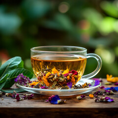 Fototapeta premium Herbal tea in a glass cup surrounded by colorful petals and dried flowers creates an exotic atmosphere in a lush garden setting