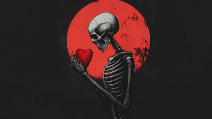skeletal figure holding red heart