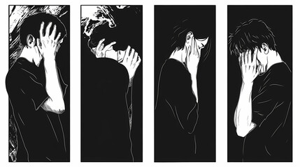 Black and white illustration of the five stages of grief, sequential art, emotional journey, stark contrasts, expressive details. Emotional Contrast. Illustration