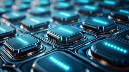 High-detail shot of connected lithium-ion batteries for EVs, robust connectors and industrial markings, a futuristic and sustainable design theme