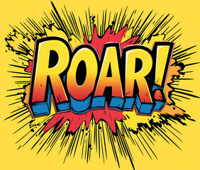 The word "ROAR!" written in an old comic book style on a yellow background, with bold lines and high contrast.