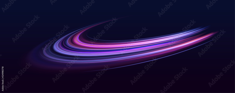 Poster Neon color glowing lines background, high-speed light trails effect. Modern abstract high-speed light motion effect on black background. Light motion effect, slow shutter of traffic.	