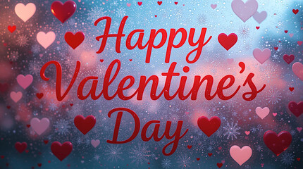 Valentines day background with heart pattern and typography of Happy valentine's Day text. Inscription on a frozen window pane..