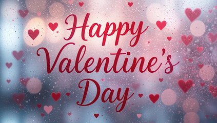Valentines day background with heart pattern and typography of Happy valentine's Day text. Inscription on a frozen window pane..