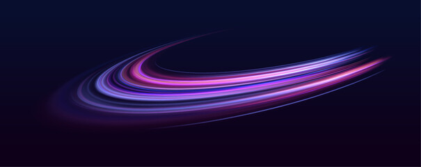 Neon color glowing lines background, high-speed light trails effect. Modern abstract high-speed light motion effect on black background. Light motion effect, slow shutter of traffic.	