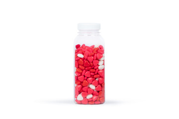 Transparent Plastic Container Filled with Red Sugar Pearls: Minimalist Still Life Photography of Decorative Sprinkles for Baking