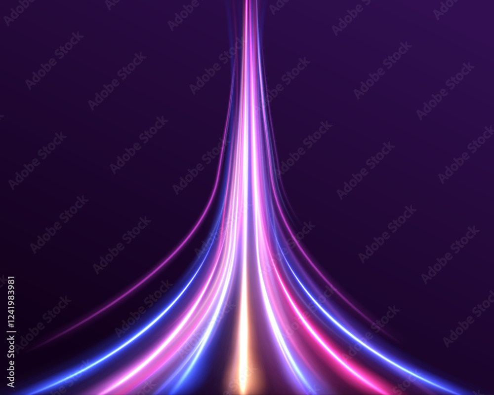 Poster Cosmic explosion with glowing light flares and sparks in red and blue. Dynamic special effects create a universe-inspired background for a celebration or high-energy event, with speed and motion.	