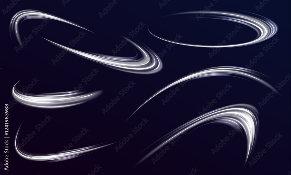 Poster Set of glowing ellipses in speed shape. Imitation of the exit of cold air from the air conditioner. Curved light effect of white bright sparkling motion wave. Dynamic white spiral, vortex or blizzard.