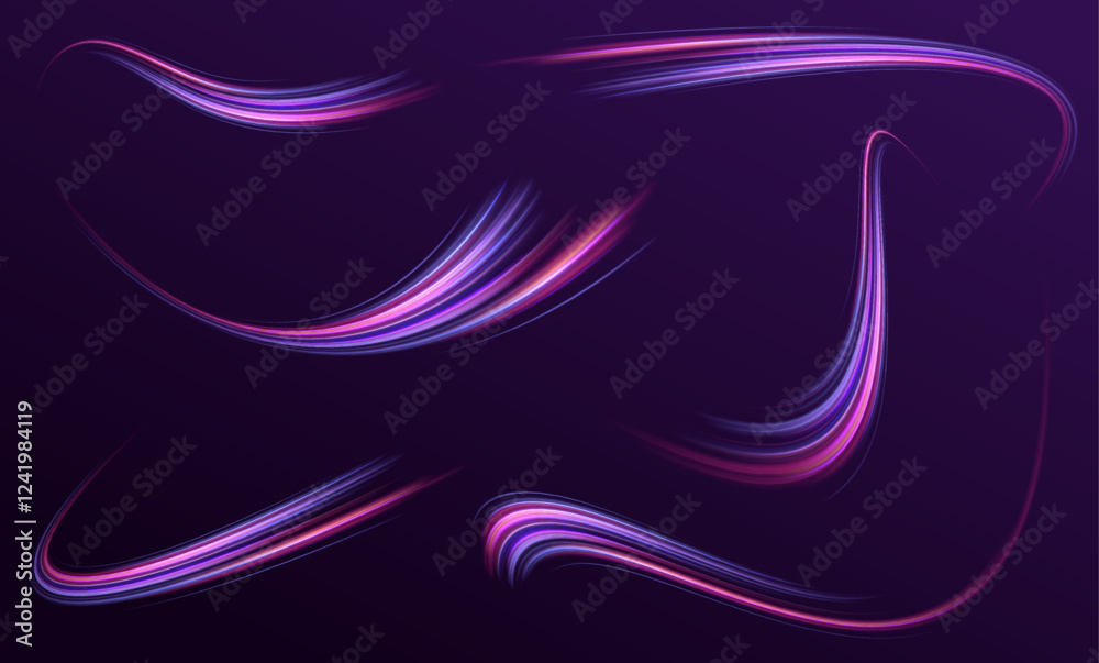 Poster set of glowing speed spirals on dark background for your neon design. abstract vector fire circles, 