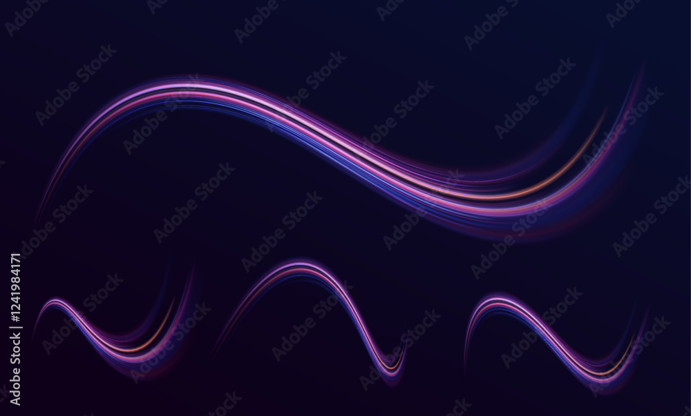 Poster Set of neon speed lines on transparent background. Vortex streams of neon light. Abstract vector fire circles, sparkling swirls and energy light spiral frames.	