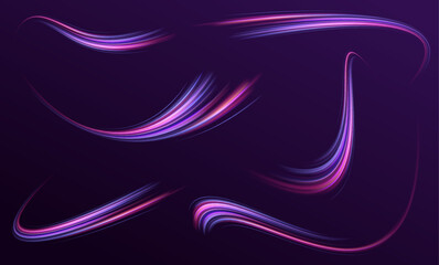 Set of glowing speed spirals on dark background for your neon design. Abstract vector fire circles, sparkling swirls and energy light spiral frames.	