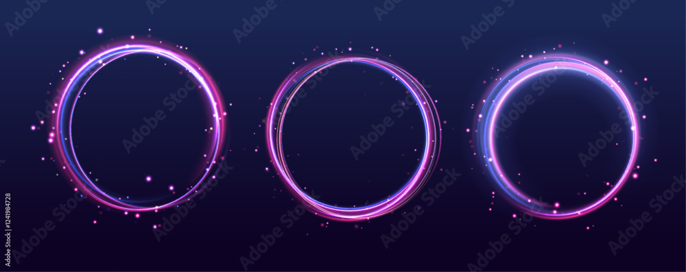 Poster Set of neon blurry light circles at motion . Vector swirl trail effect. Abstract vector fire circles, sparkling swirls and energy light spiral frames.	