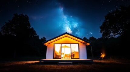 A spacious white shed glowing with warm lights, its structure towering against the backdrop of a dark forest and a starlit evening sky