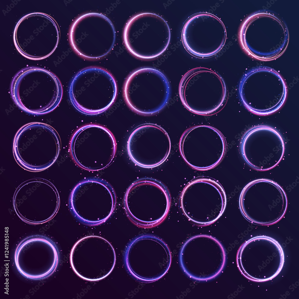 Poster set of neon blurry light circles at motion . vector swirl trail effect. abstract vector fire circles