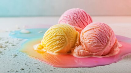 Colorful Melting Ice Cream Scoops on White Surface with Bright Background