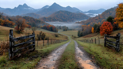 Autumnal mountain road, misty valley, fall foliage, scenic drive