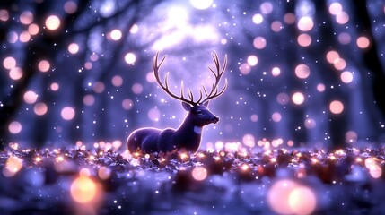 A tranquil night view of a deer silhouette amidst glowing leaves, moonlight casting soft rays through branches in an immersive 3D landscape