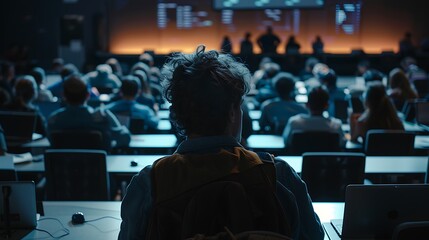 Real life university classroom with professor in front explaining and students sitting with their computers concentrating on class