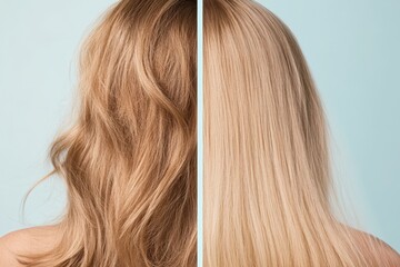 Comparison of damaged hair with dull texture and shiny healthy strands showcasing vibrant difference in appearance. Generative AI