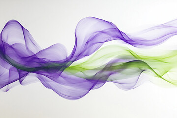 Abstract colorful smoke swirling in shades of purple and green against a clean white background, creating a dynamic effect
