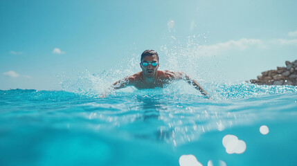 Professional swimmer captured mid-stroke in a bright blue pool, water splashing dynamically under natural sunlight