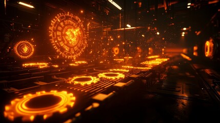 Obraz premium A steampunk-inspired digital factory with glowing gears and holographic overlays, copper and bronze tones, high-detail fantasy industrial design