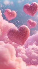 Obraz premium Floating heart candies in a whimsical pink cloudscape, with scattered glittery sparkles and a soft dreamy tone