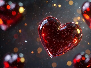 Obraz premium Floating red heart 3D icons with a semi-transparent glossy surface, surrounded by glowing neon light particles, futuristic look