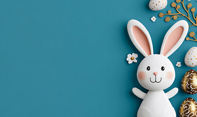 Cute plush Easter bunny with golden eggs and floral decorations, Happy Easter concept