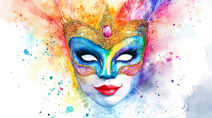 Watercolor background featuring a colorful mardi gras mask, watercolor, background, painting, colorful, mardi gras, mask. Mask & Disguise Themes. Illustration