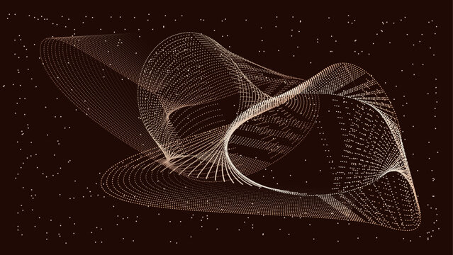 Abstract wireframe design with intricate curves and Mocha Mousse color patterns on dark brown background. Modern digital art. Neon lights. Contemporary digital aesthetics backdrop. Faint stars. Tech.