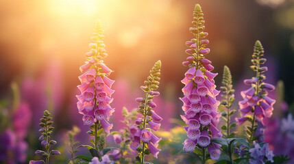 Fototapeta premium Closeup of Foxglove flowering plant (Digitalis purpurea) in a garden, symbolizing danger and healing, with modern blurred background, empty space for text.