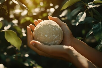 A pair of hands gently cradles a round, light brown dough ball outdoors in a sunlit garden.